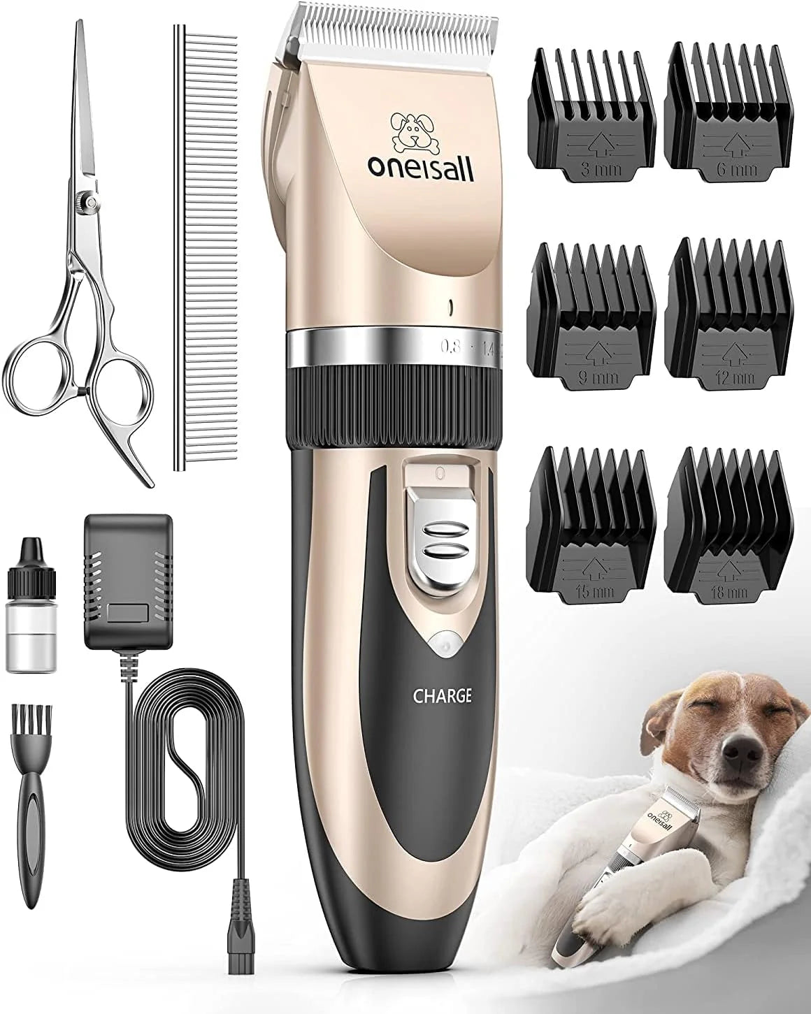 Oneisall Low-Noise Dog Clipper – Rechargeable Cordless Electric Grooming Kit for Dogs, Cats & Pets (Gold)
