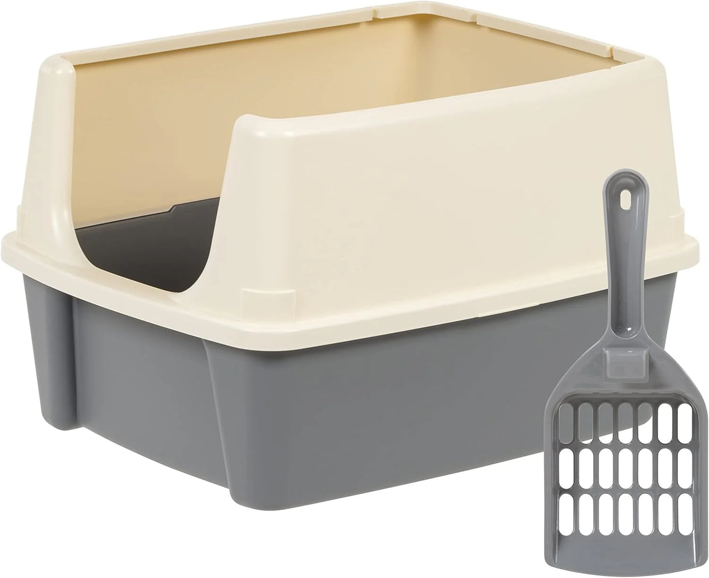 Basics Large Cat Litter Box – High Sides, Open Top with Scoop, 19 x 15 x 11.75 in (Grey/Beige)