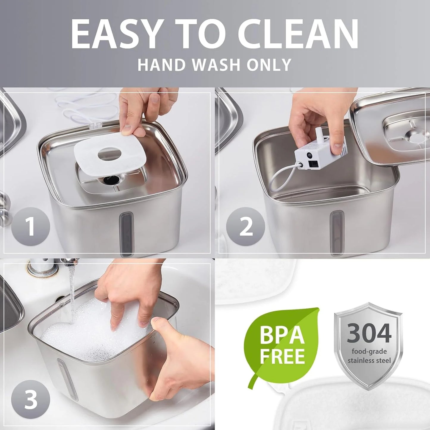 Veken Stainless Steel Cat Water Fountain – 95oz/2.8L Automatic Pet Fountain with Filters & Mat (Silver)