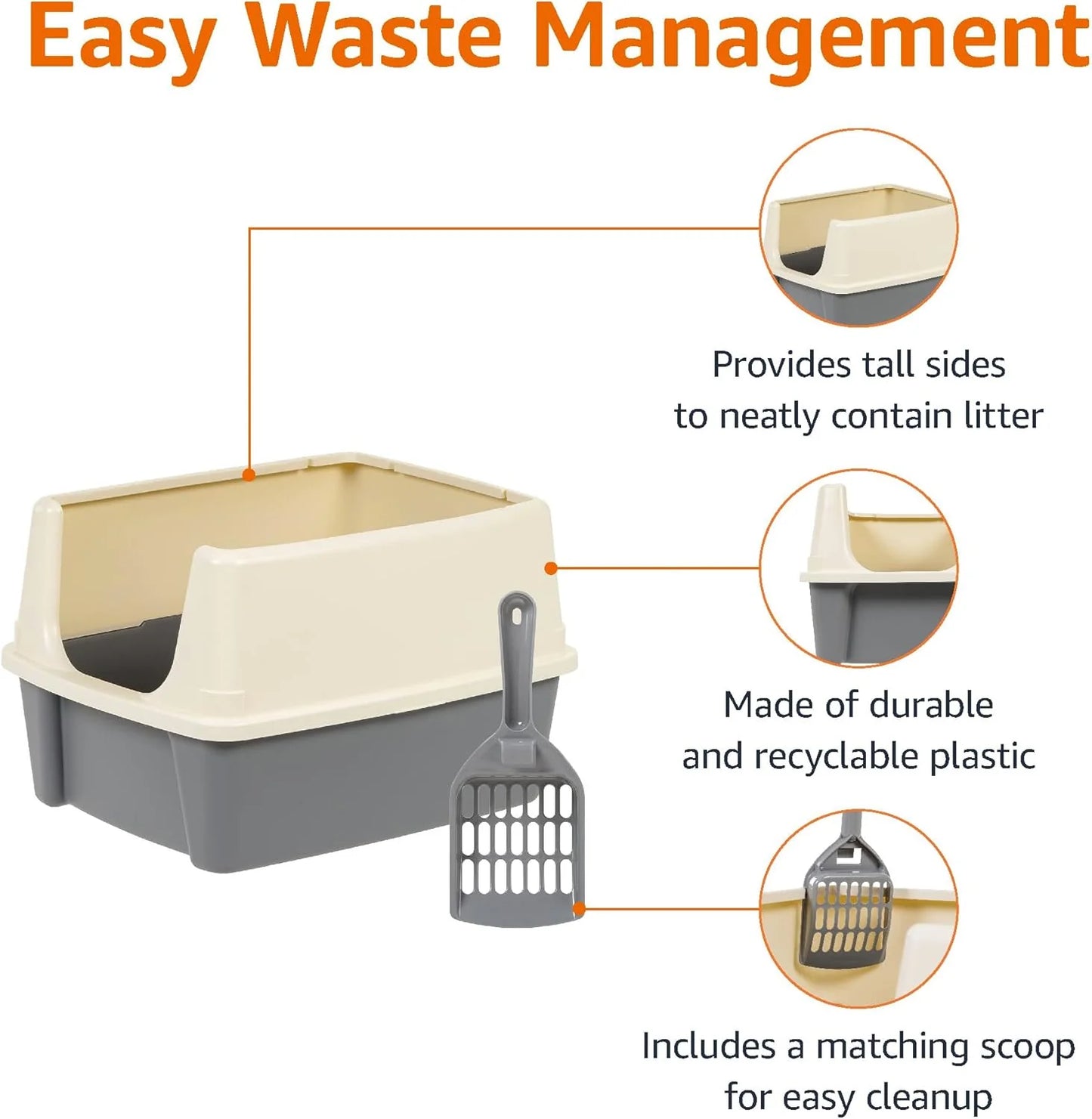 Basics Large Cat Litter Box – High Sides, Open Top with Scoop, 19 x 15 x 11.75 in (Grey/Beige)