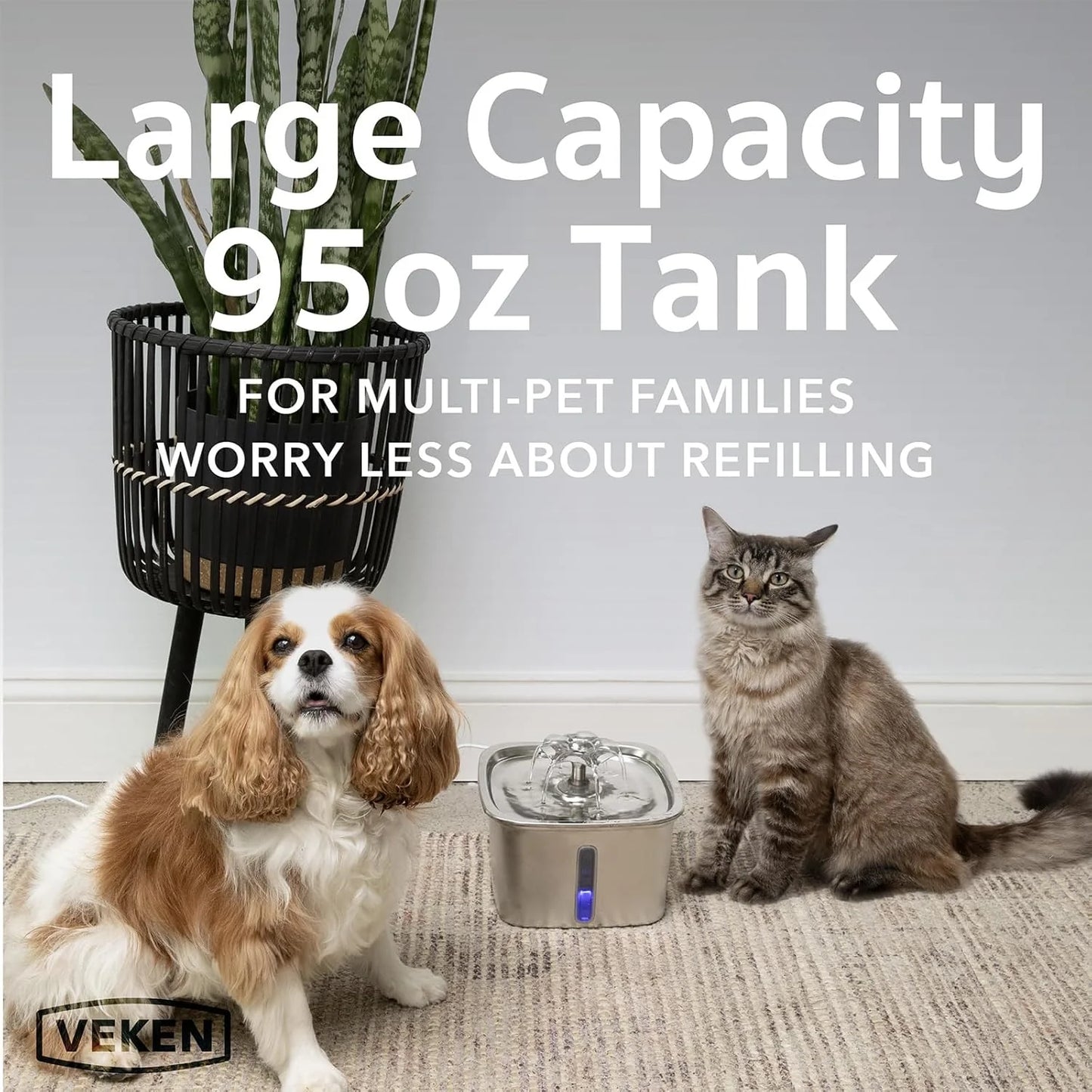 Veken Stainless Steel Cat Water Fountain – 95oz/2.8L Automatic Pet Fountain with Filters & Mat (Silver)