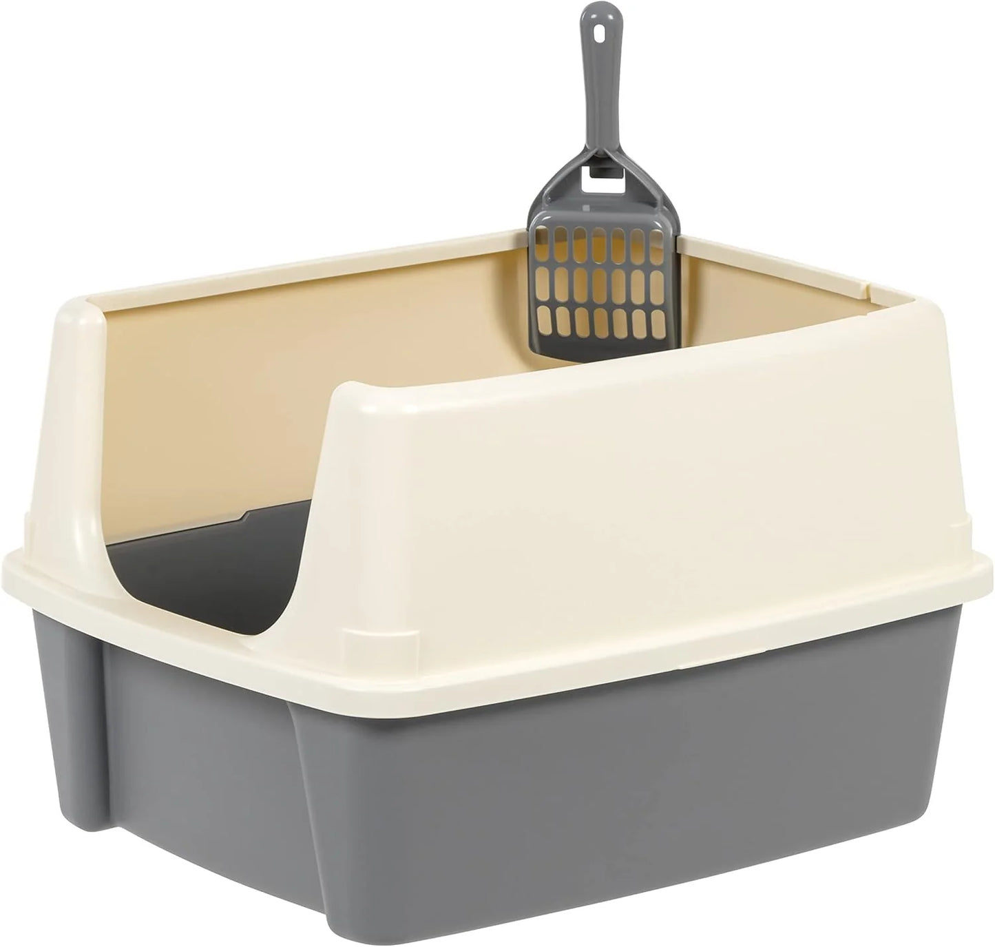 Basics Large Cat Litter Box – High Sides, Open Top with Scoop, 19 x 15 x 11.75 in (Grey/Beige)