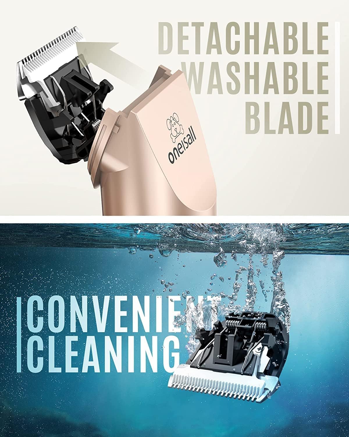 Oneisall Low-Noise Dog Clipper – Rechargeable Cordless Electric Grooming Kit for Dogs, Cats & Pets (Gold)